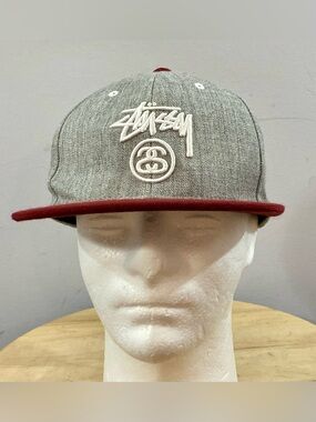 Stussy Vintage Snapback Hat Gray Red Double Logo Script SS Link Cap Y2K